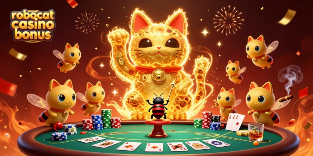 Experience the thrilling robocat casino bonus surrounded by colorful poker elements and dynamic animated characters.