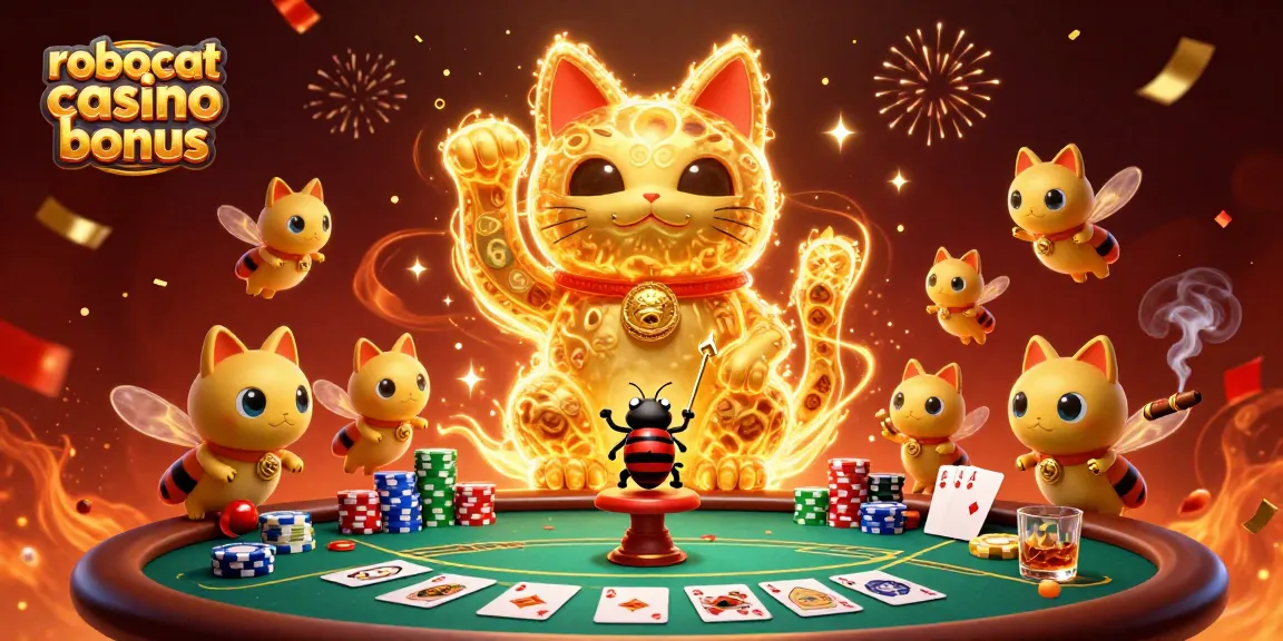 Experience the thrilling robocat casino bonus surrounded by colorful poker elements and dynamic animated characters.