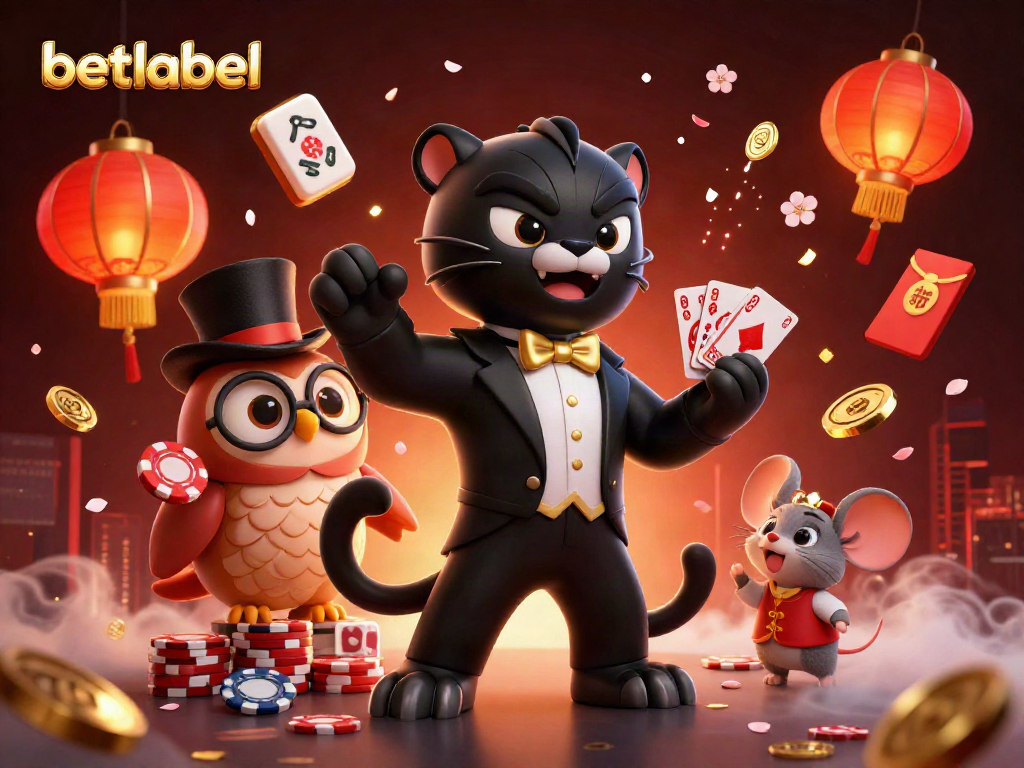 Betlabel features a stylish panther dealer, owl with chips, and lucky mouse in a vibrant casino atmosphere.