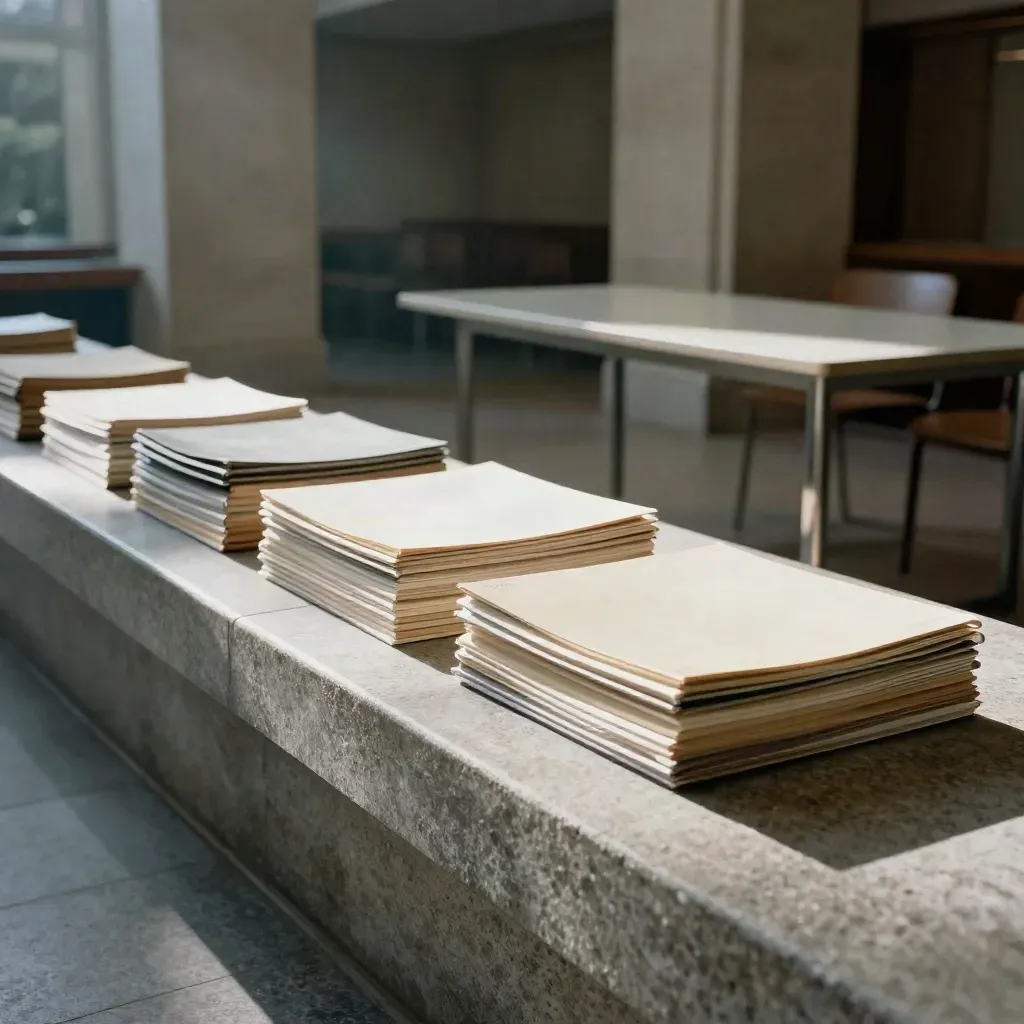 Vestíbulo de facultad con bancos de piedra, carpetas cerradas y mesa de orientación vacía.