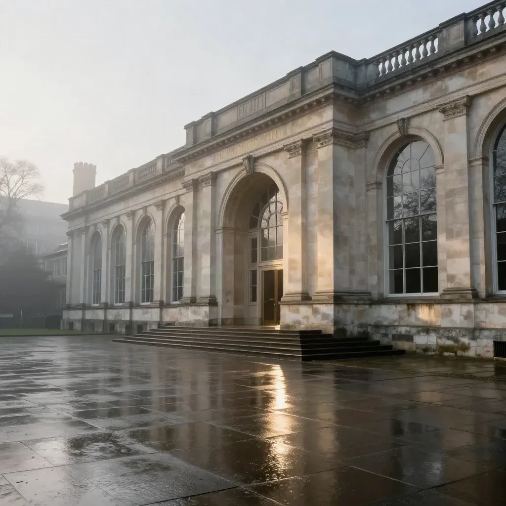 Entrada monumental de una universidad de piedra al amanecer tras la lluvia, con niebla y suelo mojado.