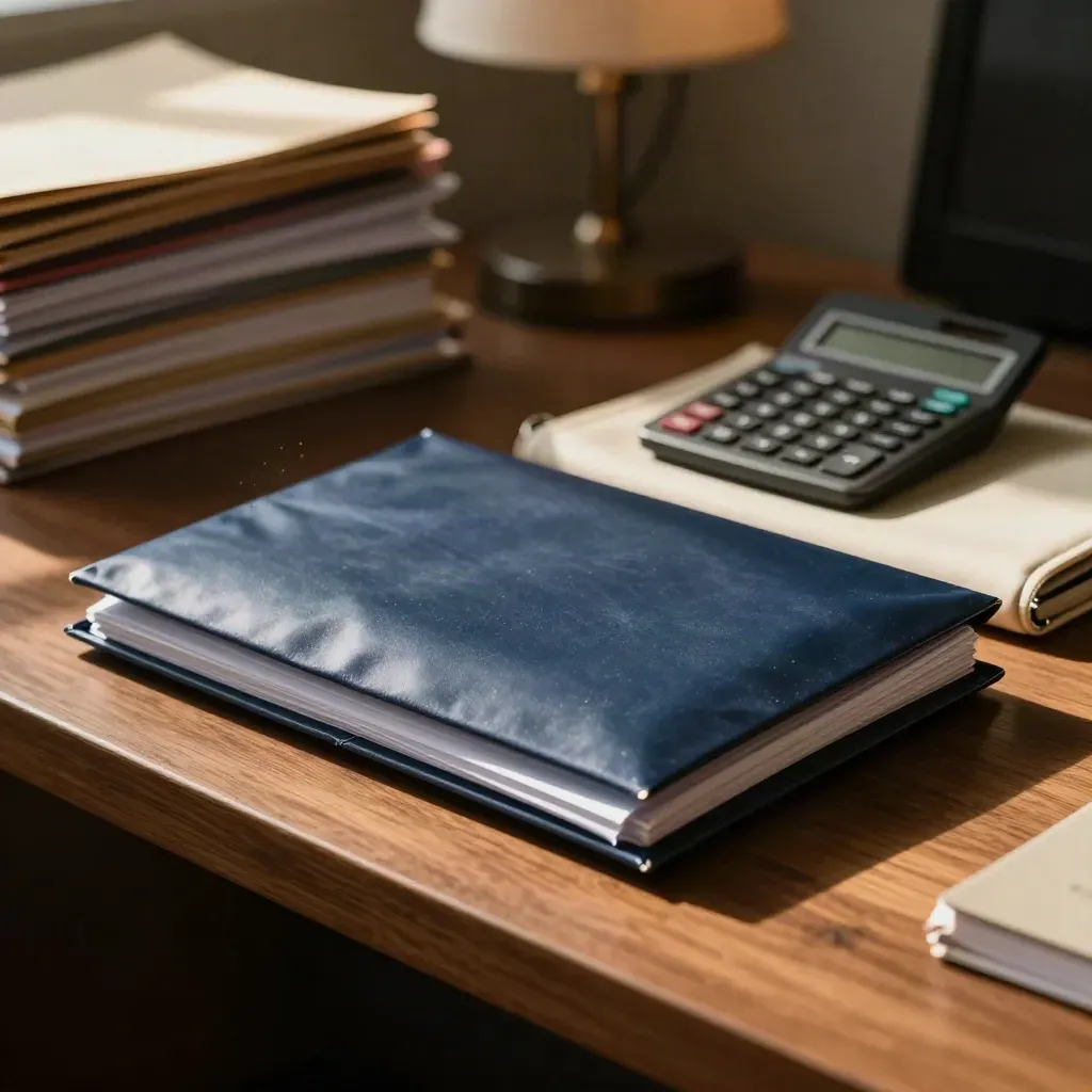 Sobre de beca sellado junto a calculadora y archivo, en un rincón cálido universitario.
