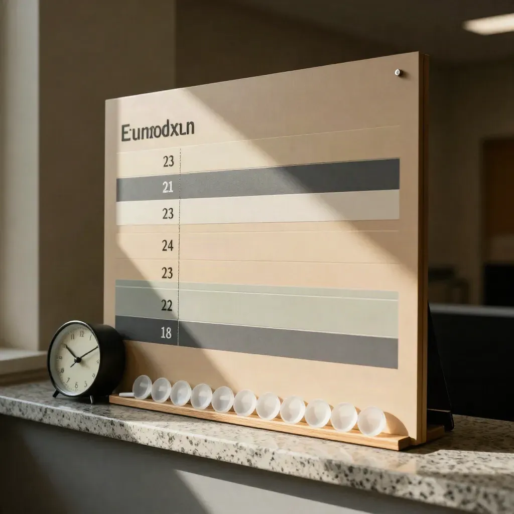 Panel de plazos universitarios con reloj y fichas alineadas bajo luz suave.