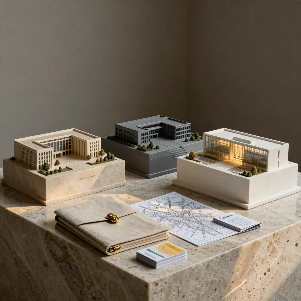 Tres maquetas de campus sobre piedra y una carpeta cerrada de vivienda y transporte.