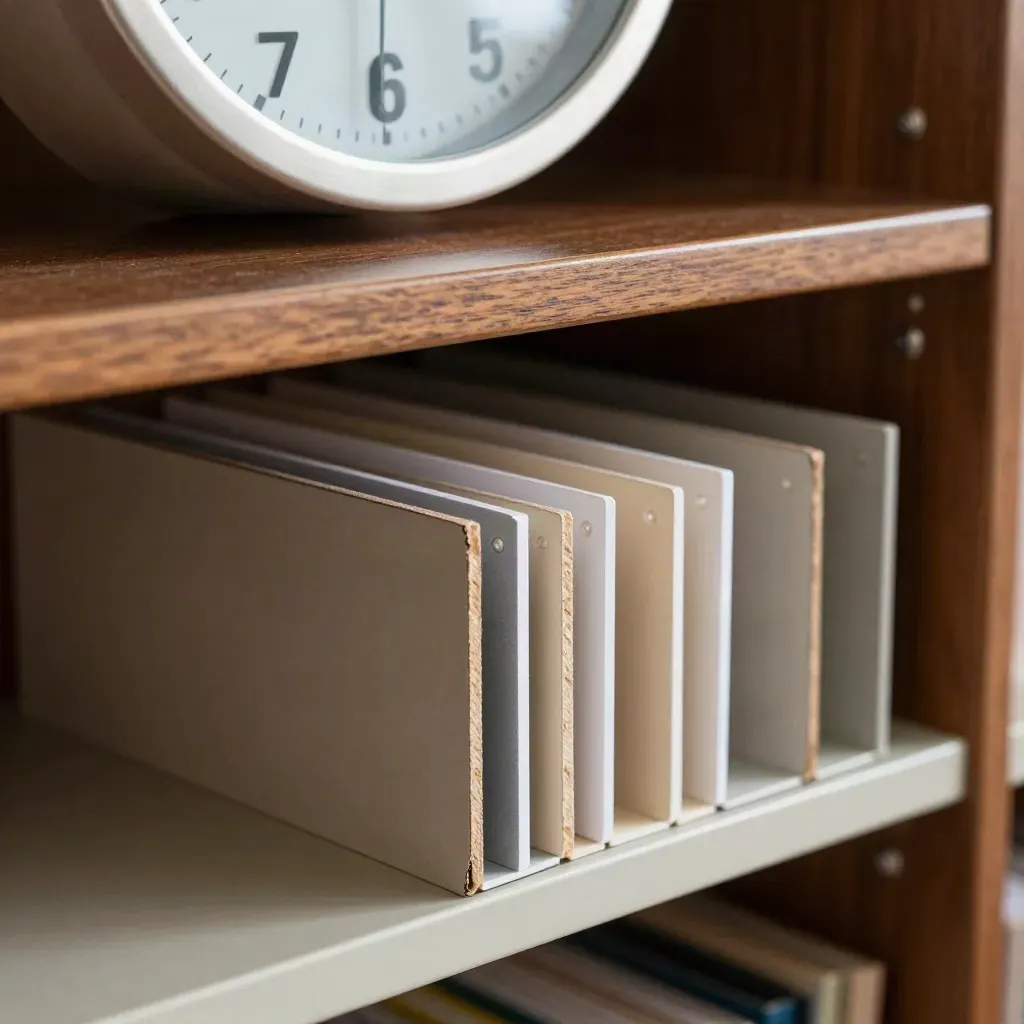Separadores académicos y archivo modular gastado junto a un reloj parcial en luz rasante