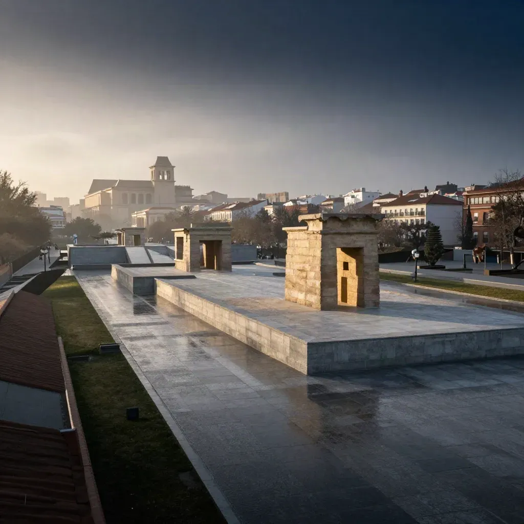 Templo de Debod y silueta de Madrid al amanecer tras la lluvia, con bruma dorada y ciudad abajo