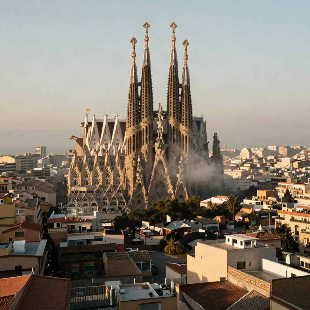 Barcelona al atardecer con la Sagrada Família sobre tejados tranquilos y bruma marina.