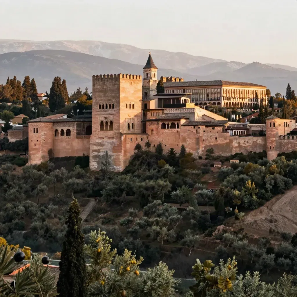 La Alhambra sobre Granada al atardecer, con Sierra Nevada y olivos en bruma.