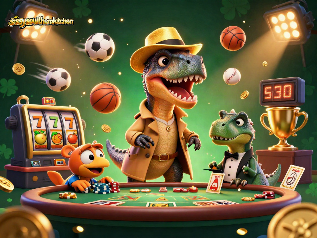 Sissyssouthernkitchen depicts a velociraptor card counter blending into a blackjack scene with dynamic game elements.